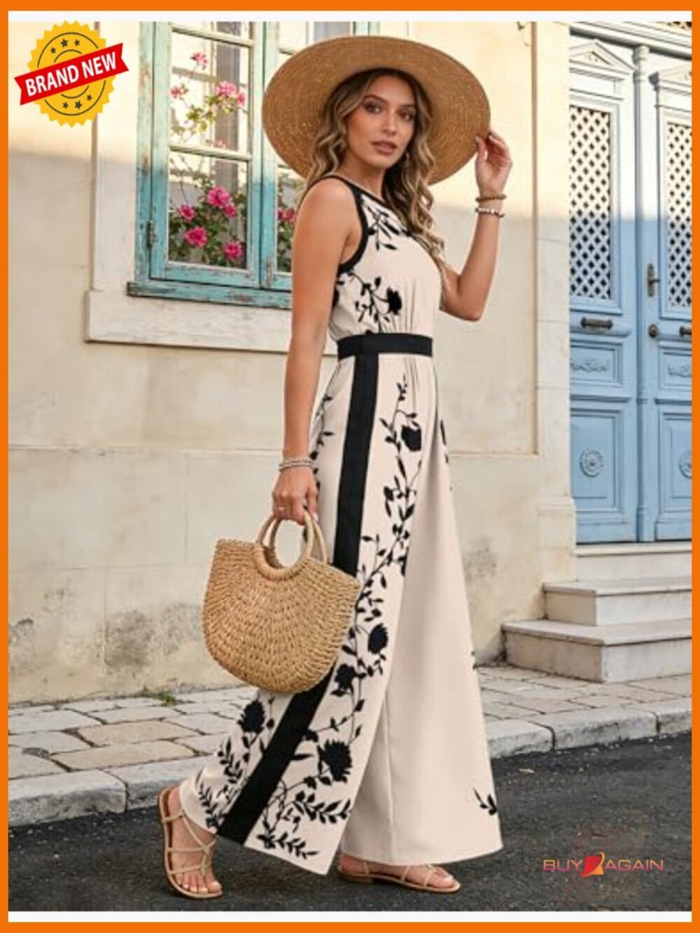 Casual Sleeveless Floral Jumpsuit with Pockets Wide Leg Romper - Picture 5 of 7